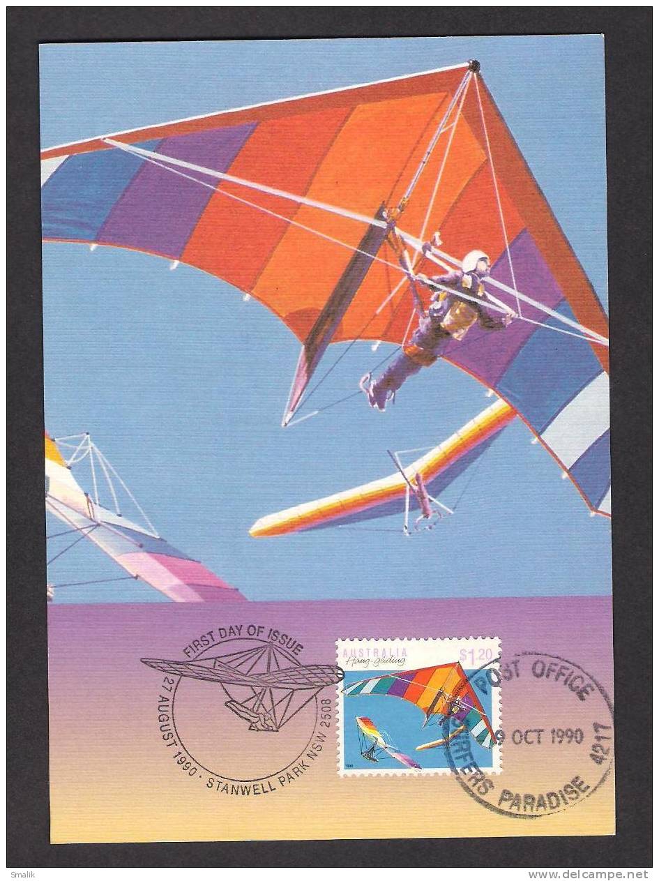 Australia 1990, Hang Gliding Maximum Card, Pre-stamped Airmail Postcard, Special Cancel Surfers Paradise 9-10-1990 - Postal Stationery