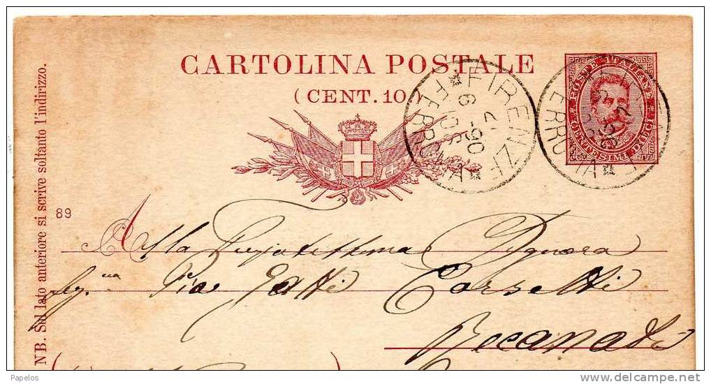 1890 CARTOLINA CON ANNULLO FIRENZE FERROVIA - Interi Postali
