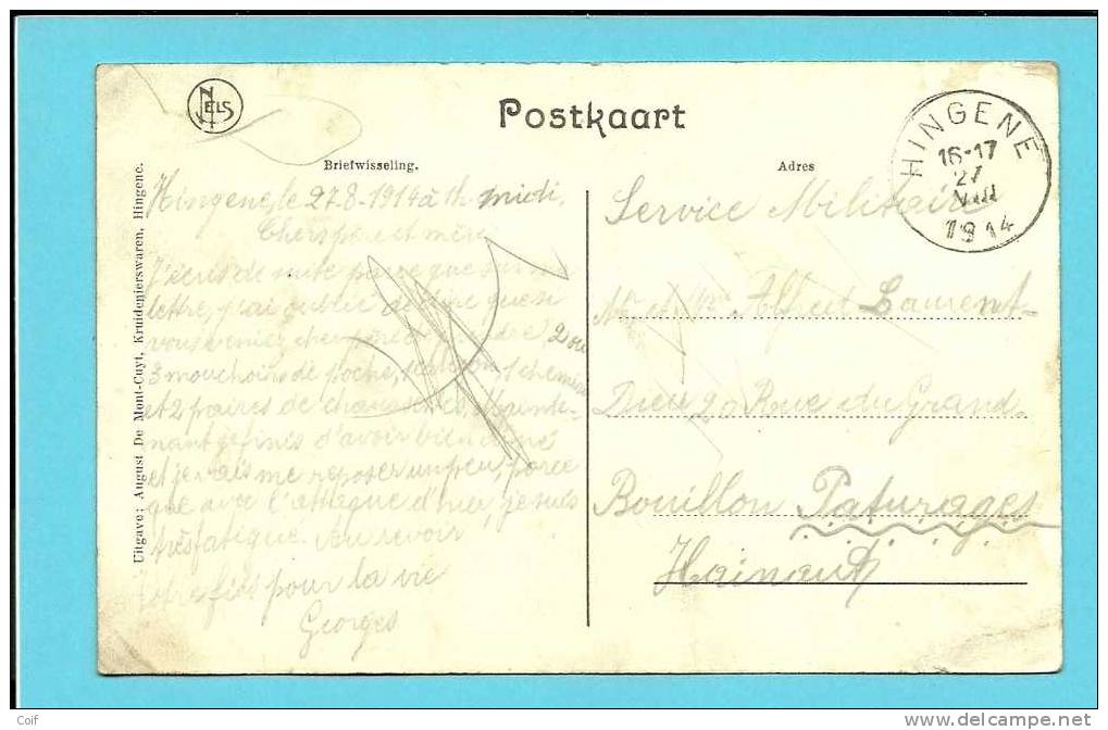 Kaart  Met Stempel HINGENE Op 27/08/1914 (Offensief W.O.I) - Other & Unclassified