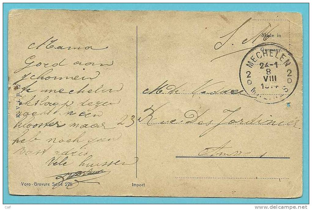 Kaart Met Stempel MECHELEN / MALINES Op 08/08/1914 (Offensief W.O.I) - Other & Unclassified