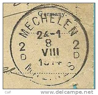 Kaart Met Stempel MECHELEN / MALINES Op 08/08/1914 (Offensief W.O.I) - Other & Unclassified
