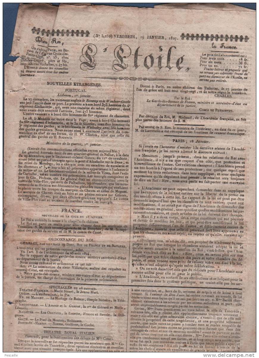 L´ETOILE 19 01 1827 - ACADEMIE FRANCAISE - THEATRE ROYAL ITALIEN Mlle CESARI - REPRESSION TRAITE DES NOIRS - PORTUGAL - - 1800 - 1849