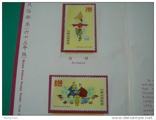 Folder Taiwan 1974 Chinese Folklore Stamps - Acrobat Magic Sport - Neufs