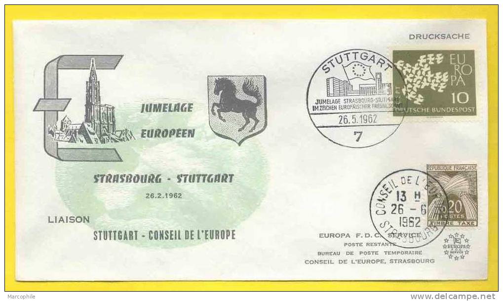 STRASBOURG - STUTTGART - TAXE   / 1962  OBLITERATION  ILLUSTREE  SUR LETTRE / JUMELAGE EUROPEEN - Covers & Documents