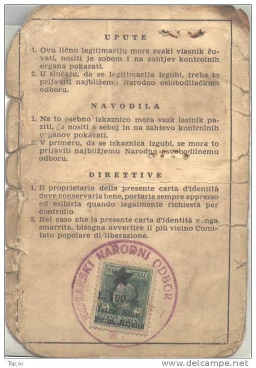 ISTRIA - RIJEKA -  BUZET - CARTA  D'IDENTITA - MARCA Da BOLLO   100,- Lir - 1946 - Marcophilia