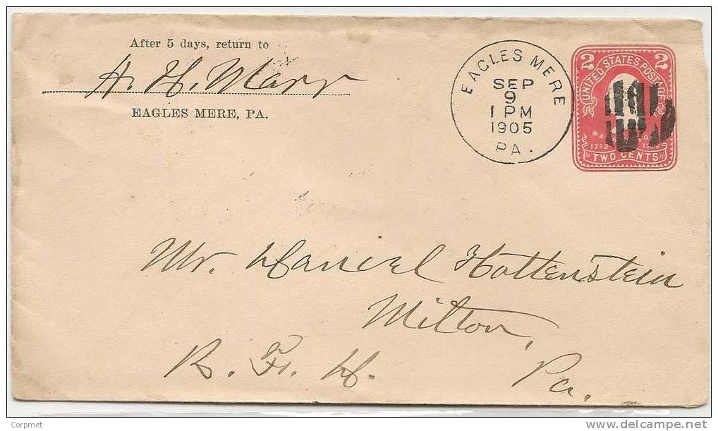US - 3 -  1905 VF ENTIRE COVER From EAGLES MERE, PA To MILTON - 1901-20