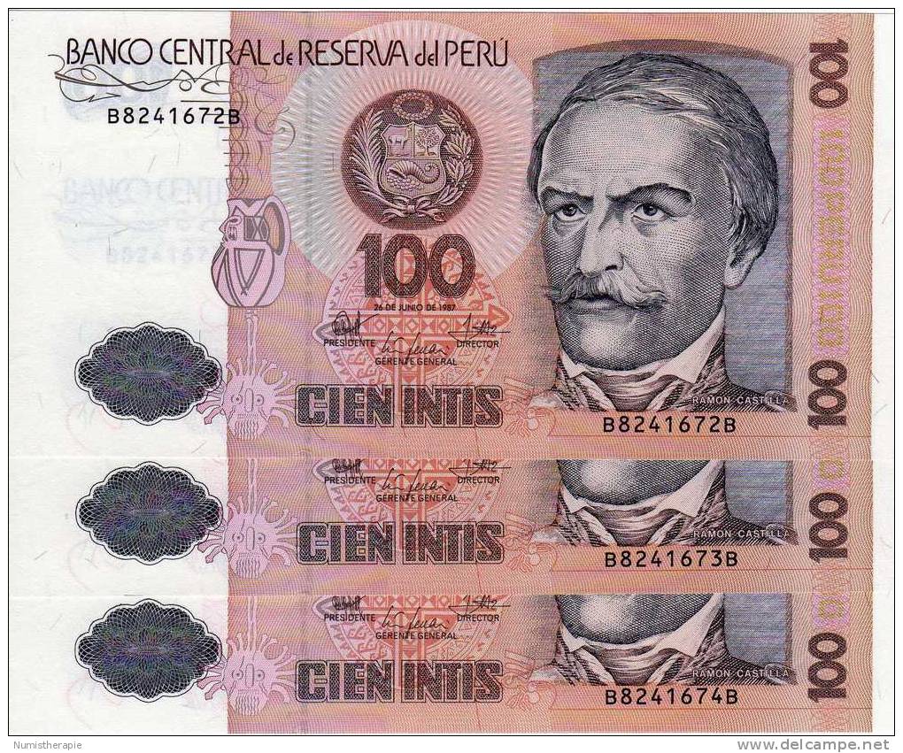 Pérou Peru : 100 Intis 1987 : UNC: #B8241672/3/4B - Peru