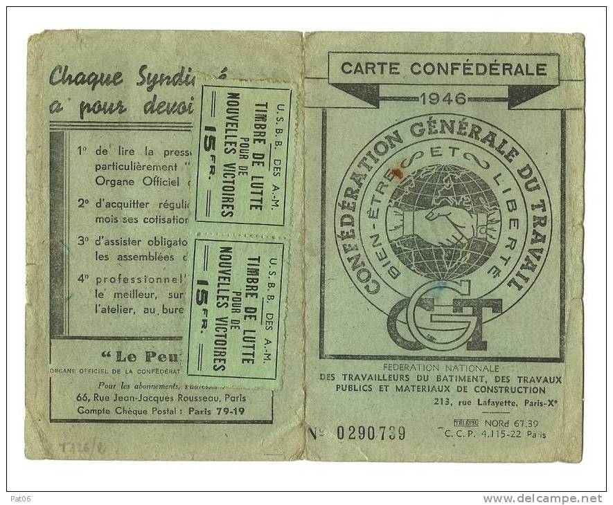 Principauté De Monaco   Carte Confédérale 1946 De La F.N. Du Bâtiment - Other & Unclassified