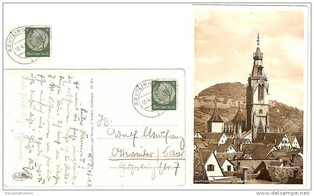 AK 876 Reutlingen, Marienkirche U. Achalm 16. 4. 36. - 21 REUTLINGEN 1 L Nach Ottweiler (Saar) Mit 1 X 6 PF DEUTSCHES - Reutlingen