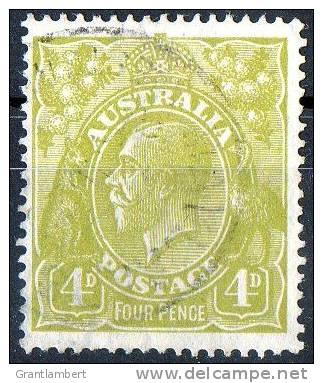 Australia 1926 King George V Small Multiple Wmk 4d Yellow-Olive P14 Used Actual Stamp -- SG91 - Usati