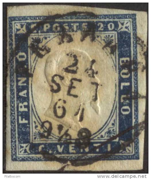 SI53D Italia Italy Sardegna 1855 20 C. - Effigie Di Vittorio Emanuele II Volta A Destra Usato Azzurro Ann.Ferrara - Sardinia