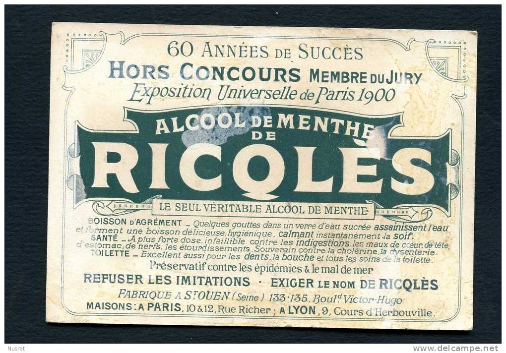 Alcool De Menthe Ricqlès, Jolie Chromo Dorée, Thème Chasse Lith. Vieillemard - Other & Unclassified