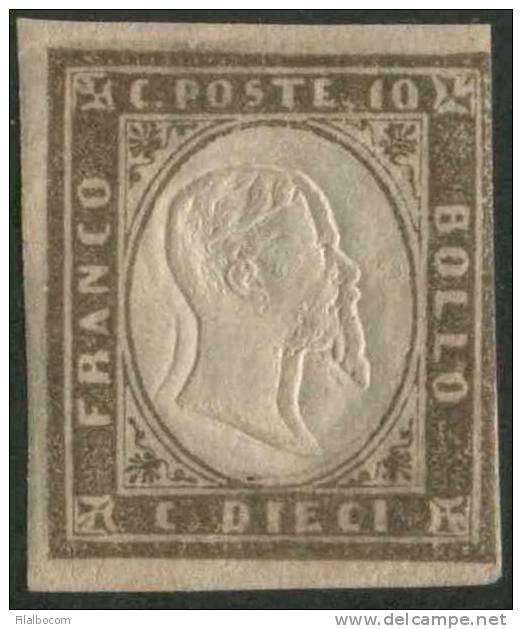 SI53D Italia Italy Sardegna 1855 10 C. - Effigie Di Vitt. Em. II Volta A Destra Nuovo MLH  Terra D'ombra DOPPIA Effige - Sardinia