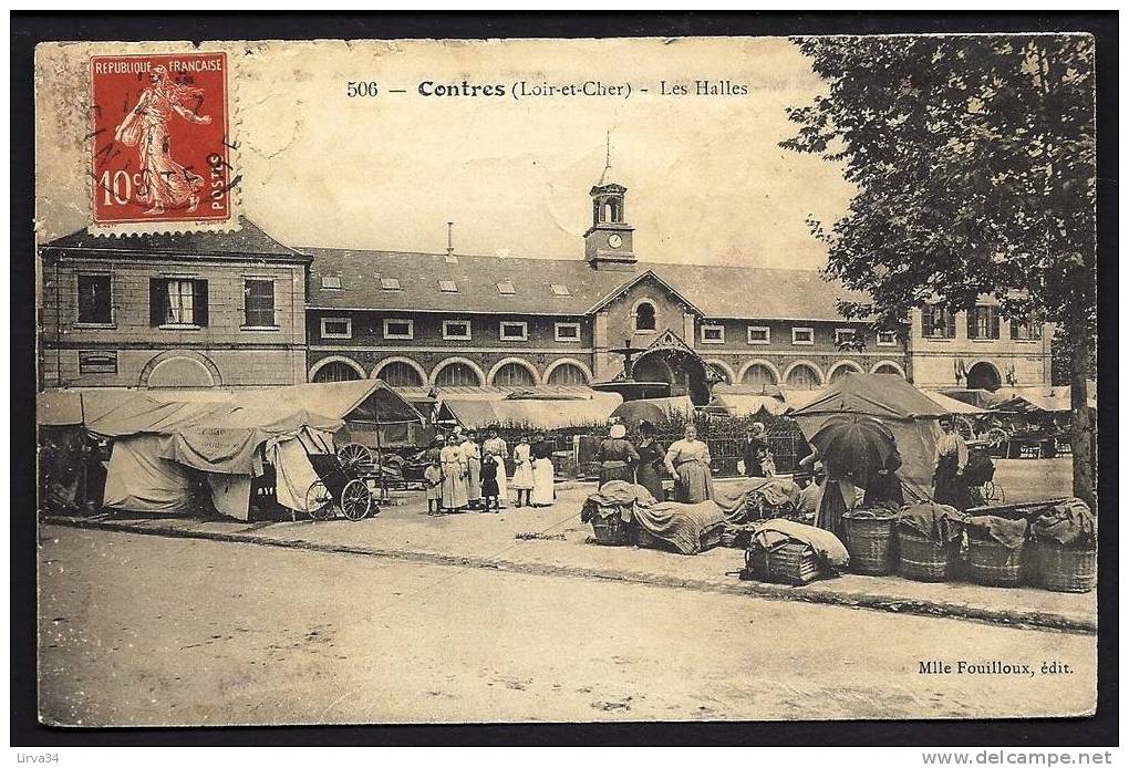 CPA  ANCIENNE- FRANCE- CONTRES (41)- LES HALLES UN JOUR DE MARCHÉ- TRES BELLE ANIMATION GROS PLAN - Contres