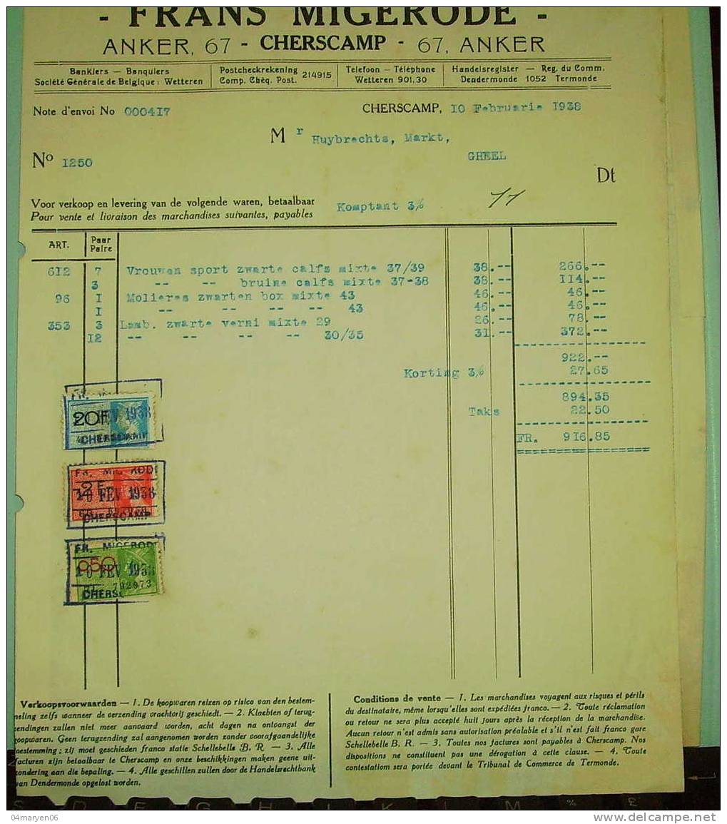 -FACTUUR = SCHOENFABRIEK""FRANS MIGERODE -CHERSCAMP  -10/2/1938 - Autres & Non Classés