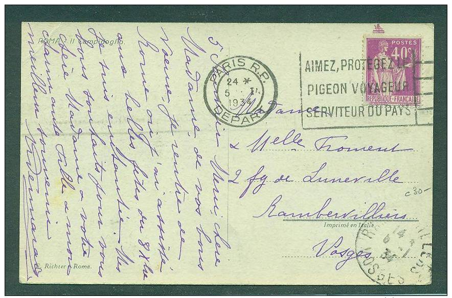 Flamme Pigeon Voyageur Sur Carte Postale Cad Paris Départ 1934 - Pigeons & Columbiformes