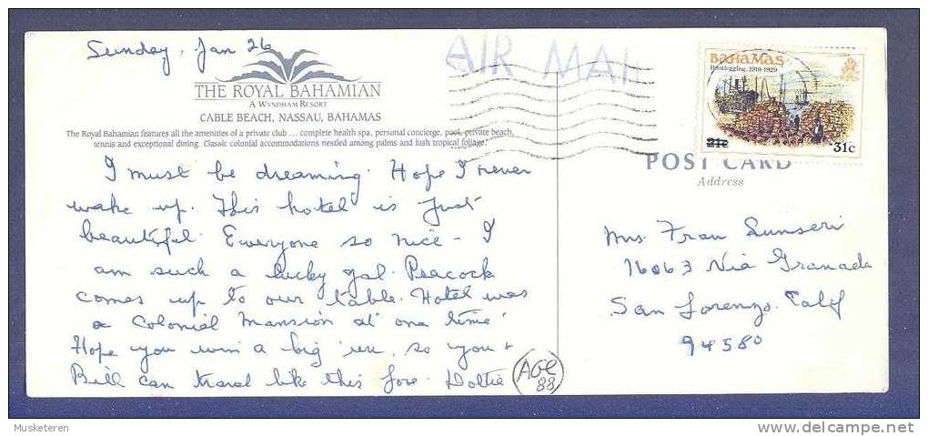 Bahamas Airmail The Royal Bahamian Resort Cable Beach Nassau 1988 PPC California USA 21 C. Bootlegging Overprinted ! - Bahama's (1973-...)