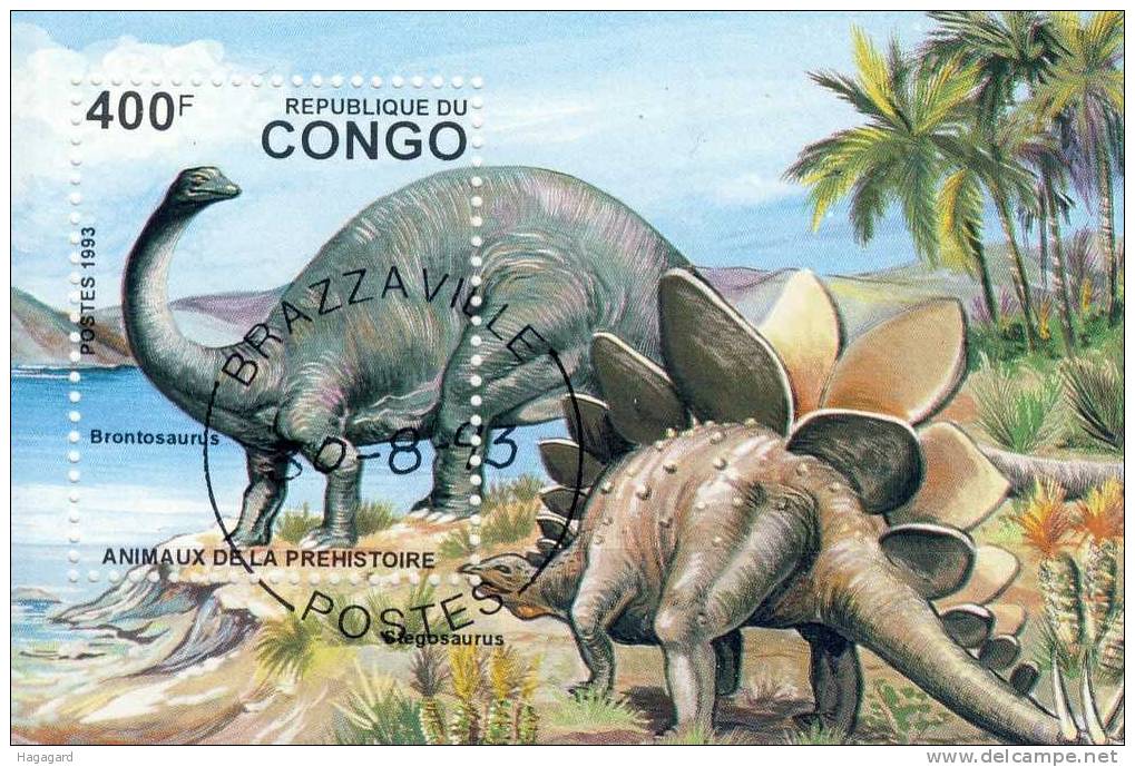 #Congo Brazzaville 1993. Prehistoric Animals. Michel Block 124. Cancelled(o) - Used