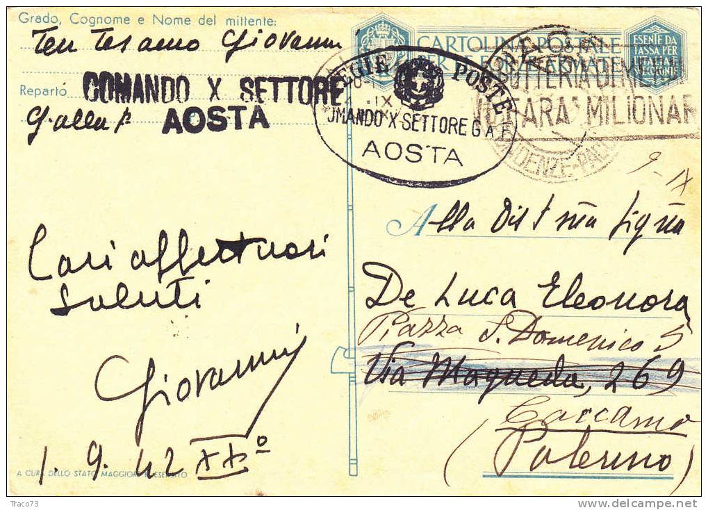 Cartolina Postale 01.09.1942  - "LA VITTORIA DARA' I SUOI FRUTTI " Comando X Settore - AOSTA - Franchise