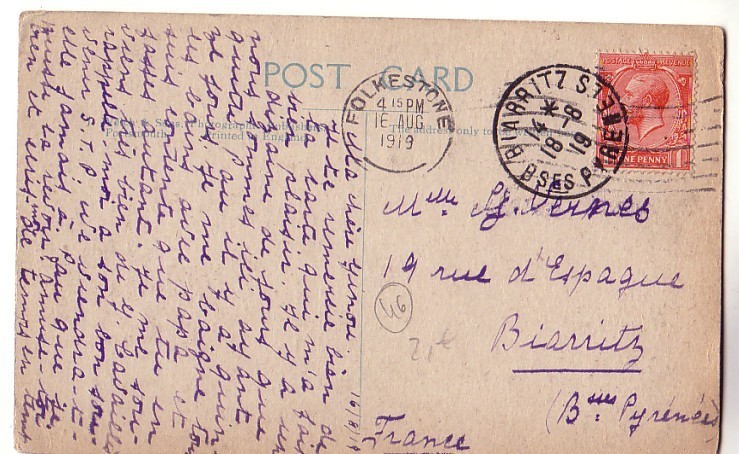 Post Card CARTE POSTALE DE FOLKESTONE DE 1918 >2 TIMBRES A DATE DE FOLKESTONE MAIS  AUSSI DE BIARRITZ A L´ARRIVEE - Folkestone