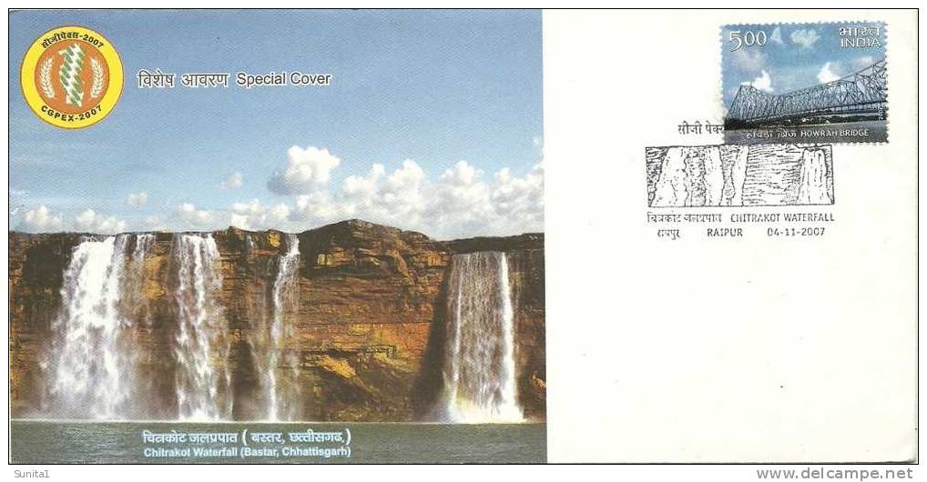 Waterfall, Running Water, River, Hill, Landscape,geography,india, Pictorial Postmark - Covers & Documents