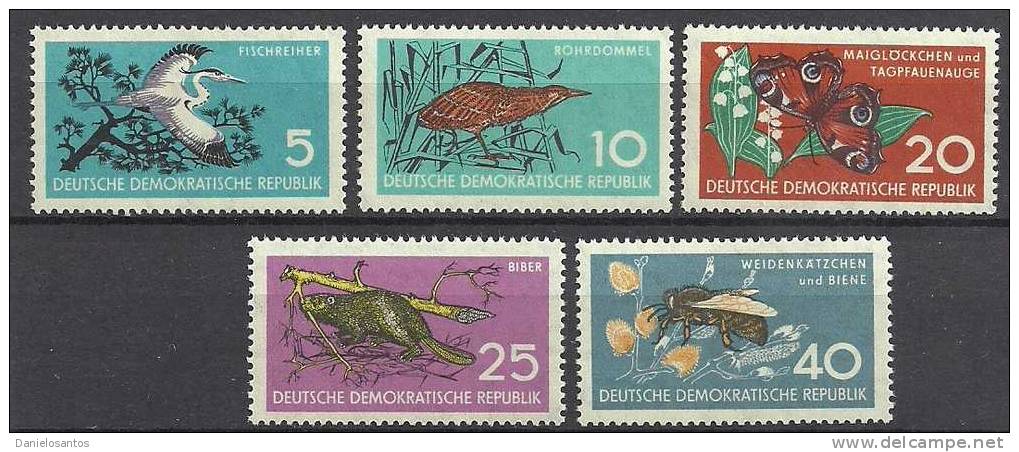 Germany Democratic Republic 1959 Birds Oiseaux Aves Heron Bittern Butterfly Nature Preservation Issue With 5 Values MNH - Storks & Long-legged Wading Birds