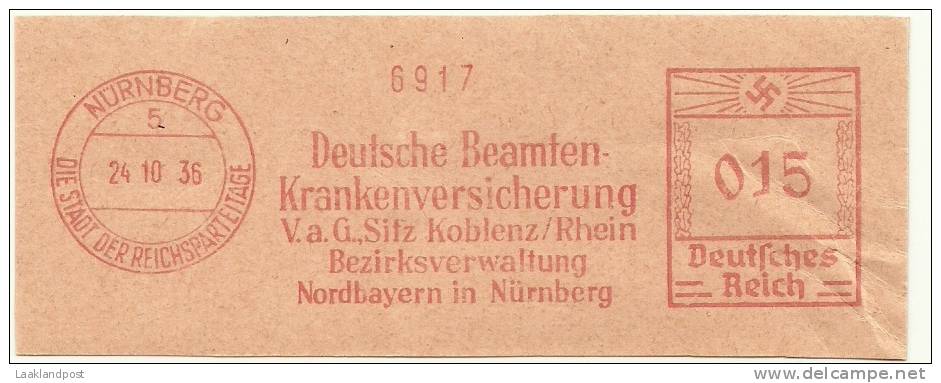 Germany Nice Cute Meter, Deutsche Beamten Krankenversicherung Nurnberg 24-10-1936 - Ziekte
