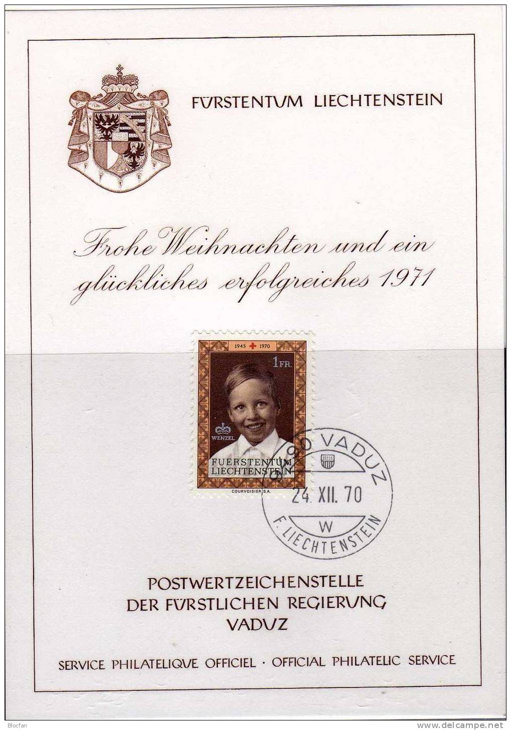 Weihnachten Neujahrs-Karte 1971 Liechtenstein 526 Karte O 10 € Jubiläum Rotes Kreuz Porträt Prinz Wenzel New Year Card - Liechtenstein