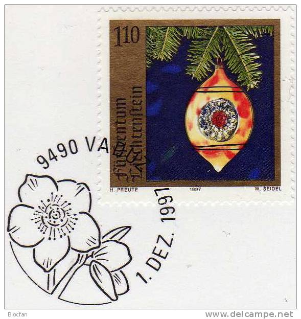 Weihnachten Neujahrs-Karte 1998 Liechtenstein 1161 Karte O 10 € Christmas Baumschmuck Bunte Glaskugel New Year Card - Liechtenstein