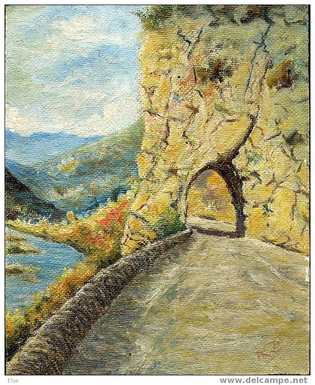 PAYSAGE DANS LES ALPES Ou GORGES DU VERDON  -  PEINTURE A L HUILE SUR BOIS -   SIGNEE R . D   -  1ére MOITIE XXéme - Oelbilder