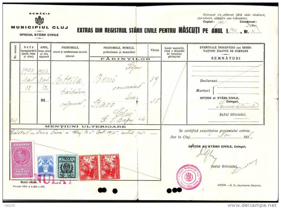 ROMANIA DOCUMENT 1938 VERY RARE LOCAL POST TAX 10 LEI  CLUJ + 2 REVENUE STAMP - Fiscales