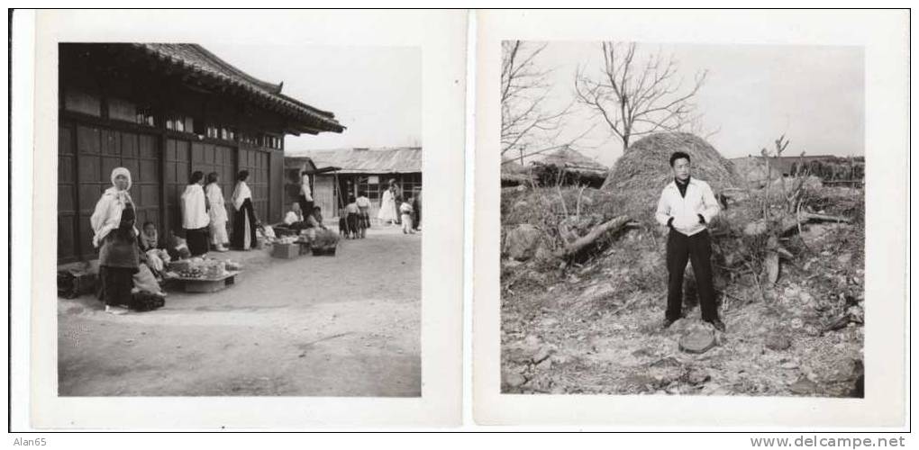 Lot Of 5 Different Snap-shots, Ochon South Korea Village Near Pohang, Korean War Era, Market, House, 'Boy Works On Base' - Places