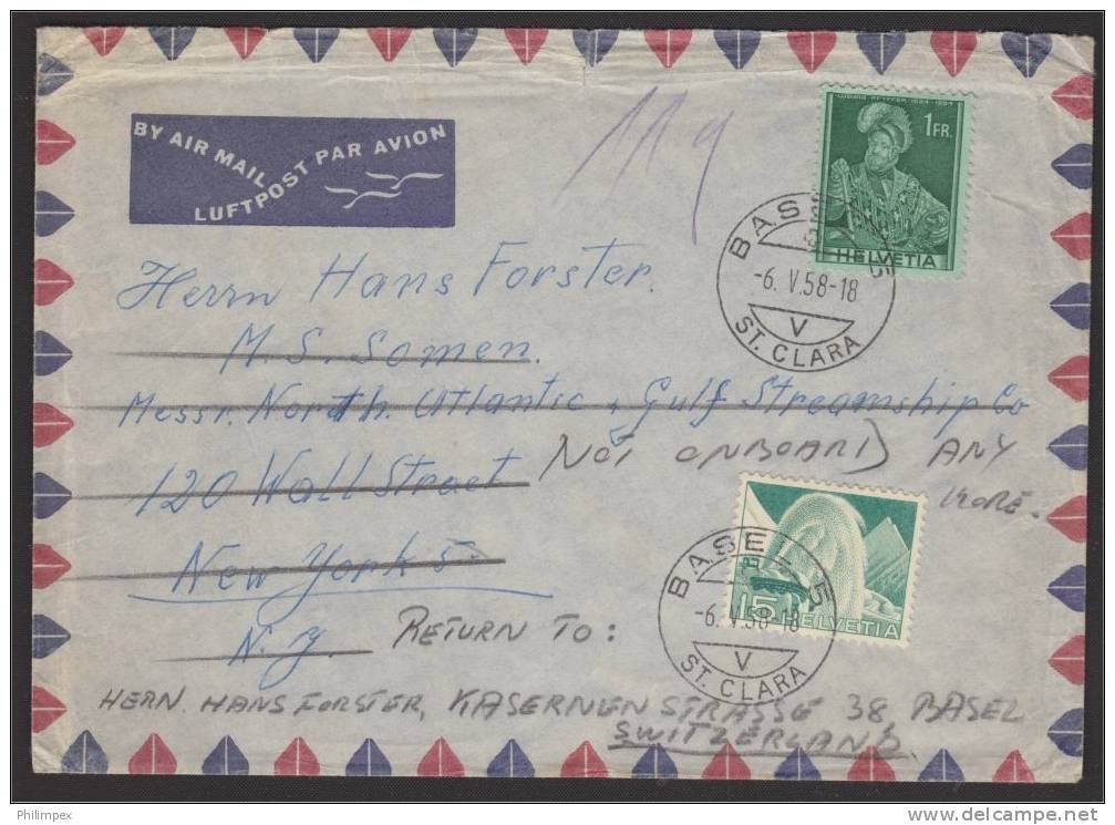 SWITZERLAND, AIRPOST COVER 1958 1.15 FRANC TO USA And RETURNED - Lettres & Documents