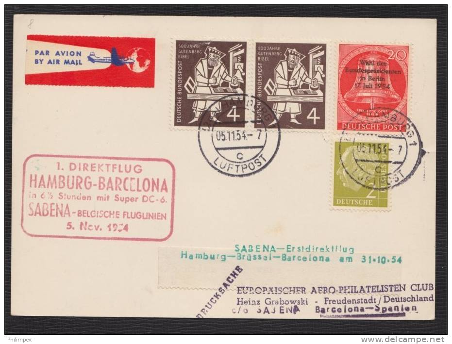 GERMANY, SABENA FIRST DIRECT FLIGHT Hamburg-Barcelona 1954 - Cartas & Documentos