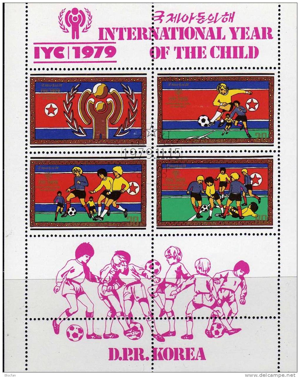 UNO Jahr Des Kindes 1979 Fussball Korea 1933/5, 2xZD, KB Plus 4-Block O 20€ Kicken Vor Flagge Bloc Sheetlet From Corea - Corée (...-1945)