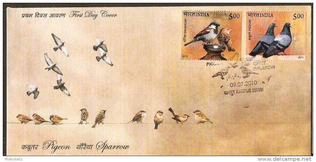 India 2010 Pigeon And Sparrow Birds Animals 2v FDC Inde Indien - Lettres & Documents