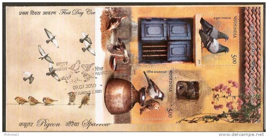 India 2010 Pigeon And Sparrow Birds Animals M/s On FDC Inde Indien - Passeri