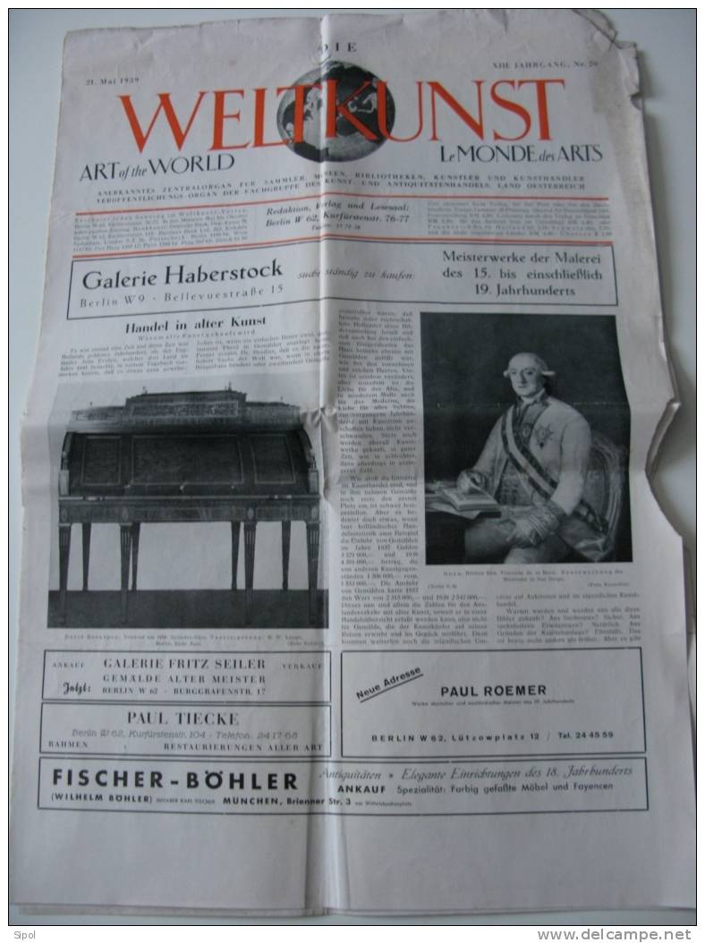 Die Weltkunst Le Monde Des Arts  21 Mai 1939 -3 Pages De Journal En Mauvais état - Malerei & Skulptur