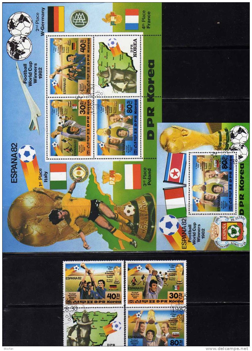 Gewinner Fussball WM 1982 Korea 2271/3, 5ZD, Block 123 Plus 124 O 25€ König Carlos Von Spanien Sheet From Coree - Corée Du Nord