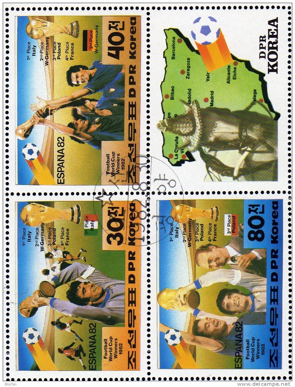 Gewinner Fussball WM 1982 Korea 2271/3, 5ZD, Block 123 Plus 124 O 25€ König Carlos Von Spanien Sheet From Coree - Korea (Nord-)