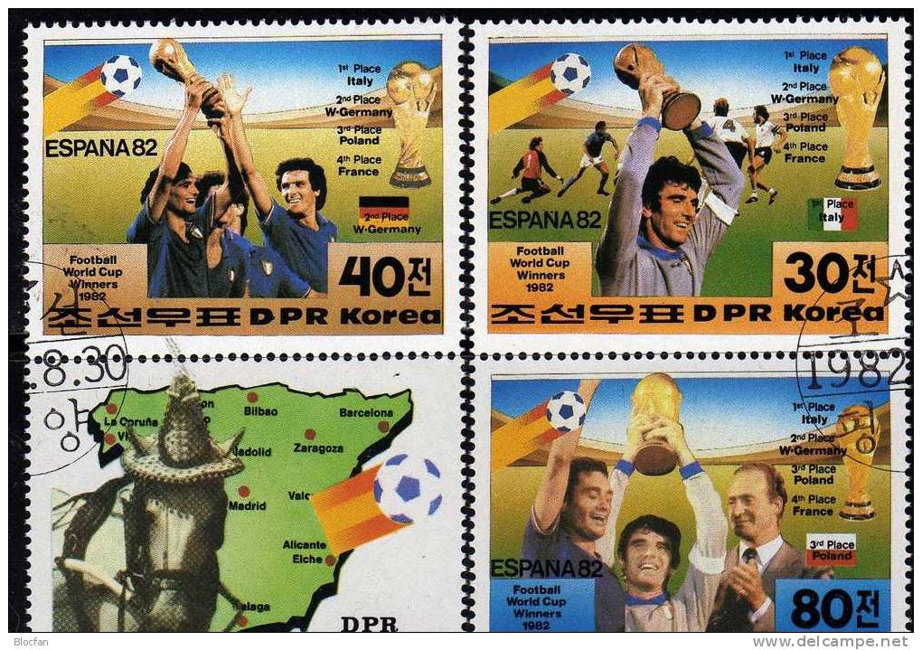 Gewinner Fussball WM 1982 Korea 2271/3, 5ZD, Block 123 Plus 124 O 25€ König Carlos Von Spanien Sheet From Coree - Corée Du Nord