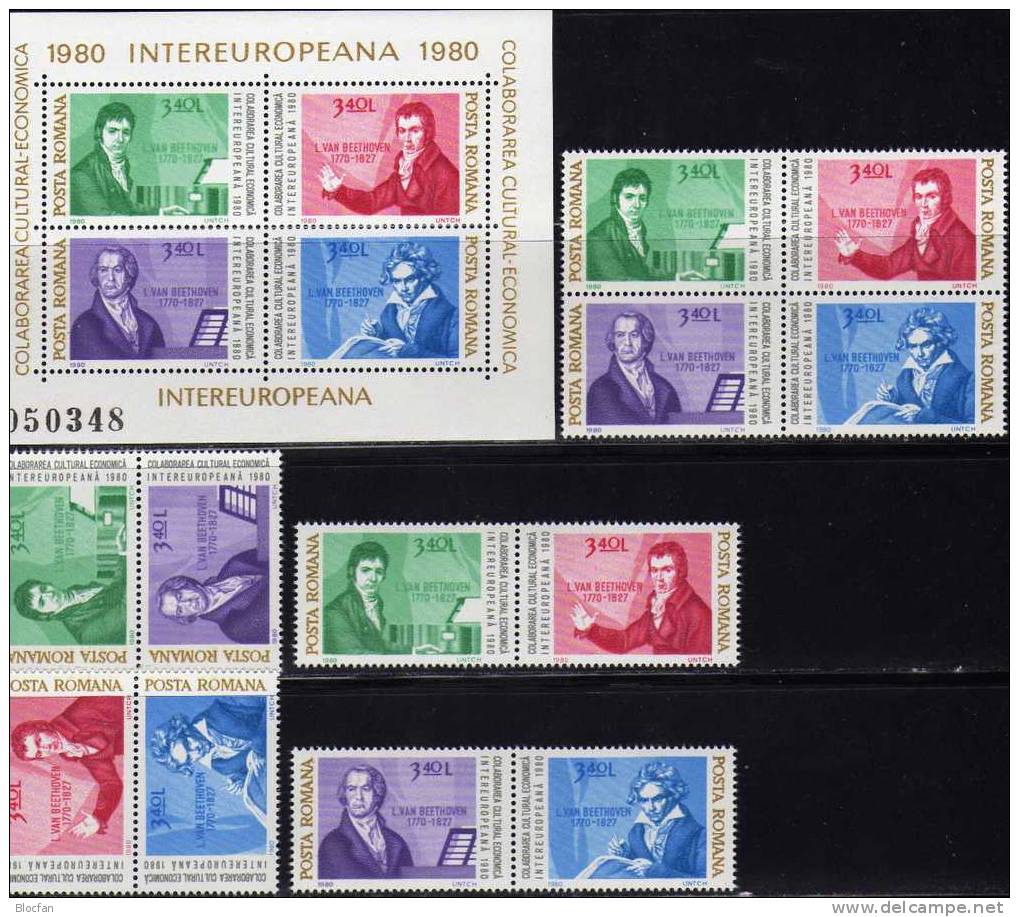 Jahr Der Musik 1980 Rumänien 3713/0,10xZD, 2x4-Block, Bl.169 Plus 170 ** 34€ Enescu, Beethoven Bloc Sheet From Romania - Unused Stamps