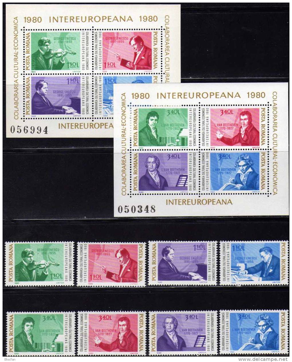 Jahr Der Musik 1980 Rumänien 3713/0,10xZD, 2x4-Block, Bl.169 Plus 170 ** 34€ Enescu, Beethoven Bloc Sheet From Romania - Unused Stamps