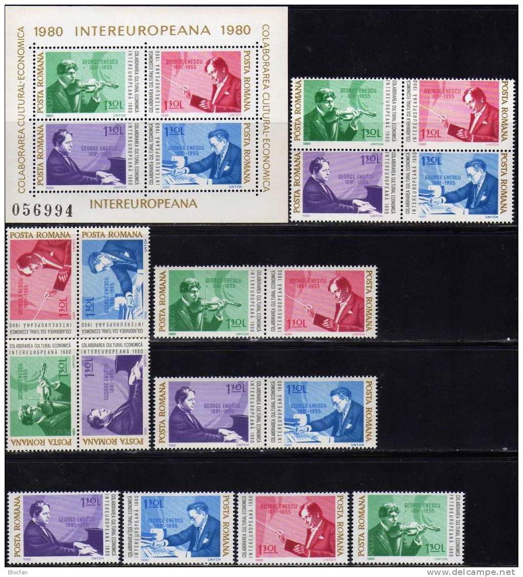 Jahr der Musik 1980 Rumänien 3713/0,10xZD, 2x4-Block, Bl.169 plus 170 ** 34€ Enescu, Beethoven bloc sheet from Romania