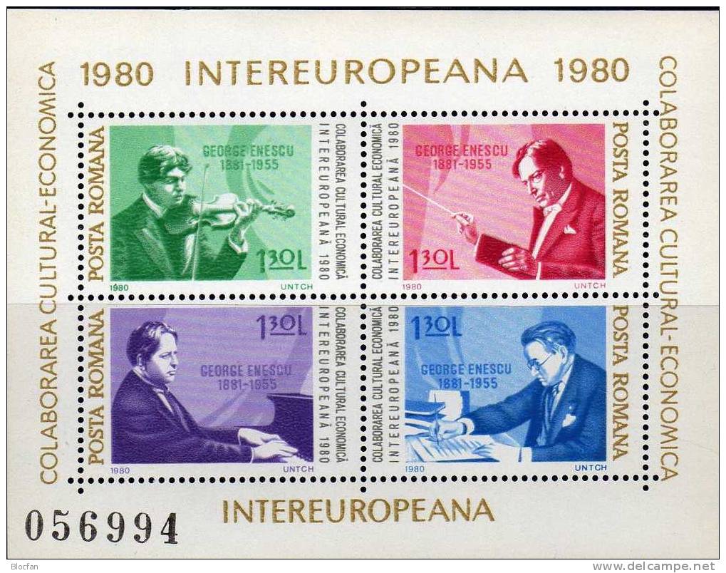 Jahr der Musik 1980 Rumänien 3713/0,10xZD, 2x4-Block, Bl.169 plus 170 ** 34€ Enescu, Beethoven bloc sheet from Romania