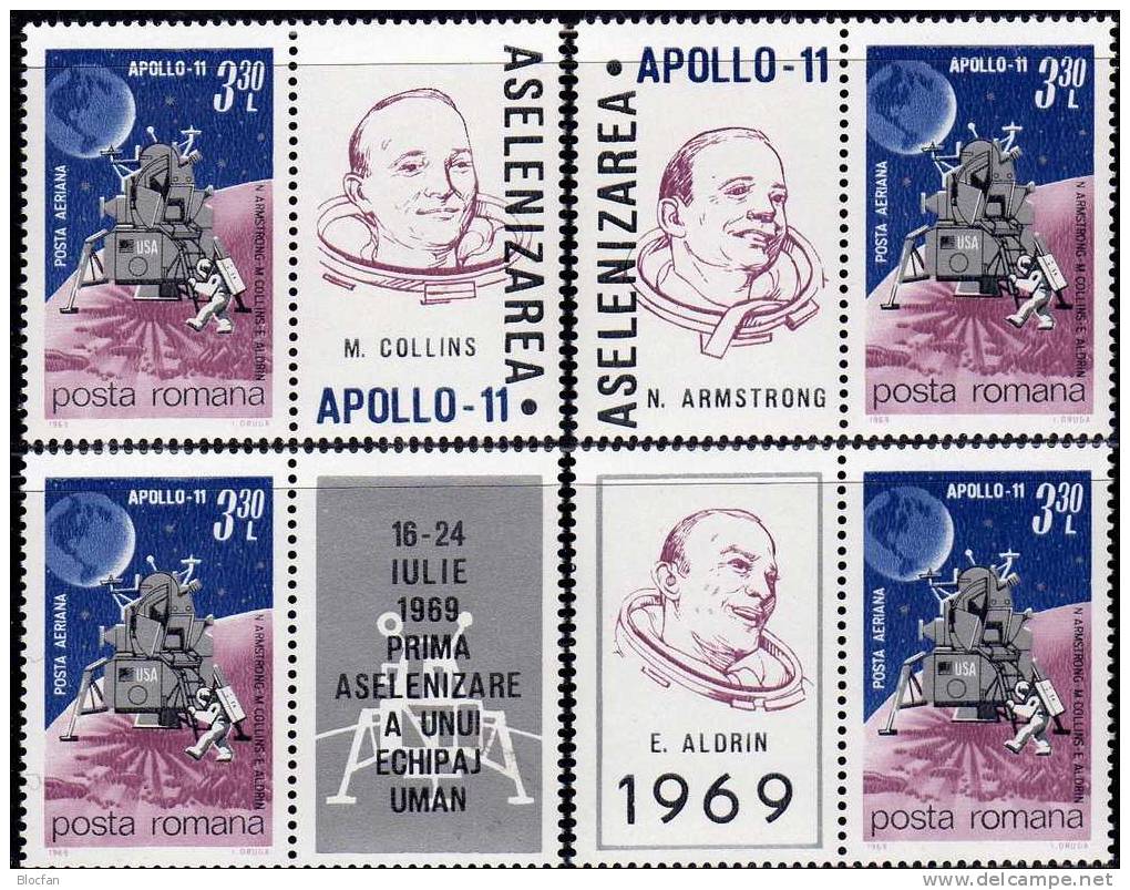 Astronaut 1. Mensch Auf Dem Mond 1969 Rumänien 2781 Zf1-4 Out Block 72 ** 10€ Apollo 11 USA Bf Bloc Se-tenant Of Romania - Collections