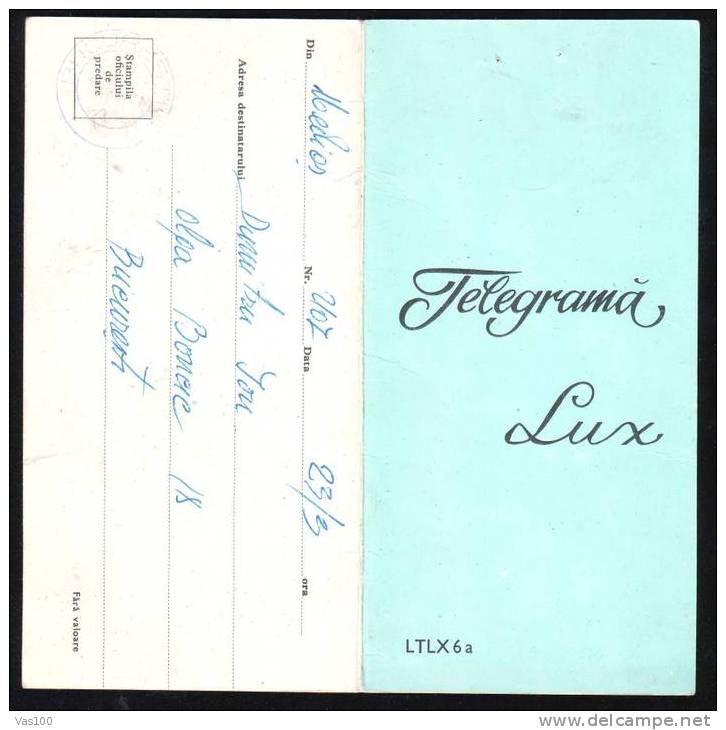 ROMANIA 1967 TELEGRAM ,LUX TELEGRAM,code;LTLX6a,VERY RARE. - Télégraphes