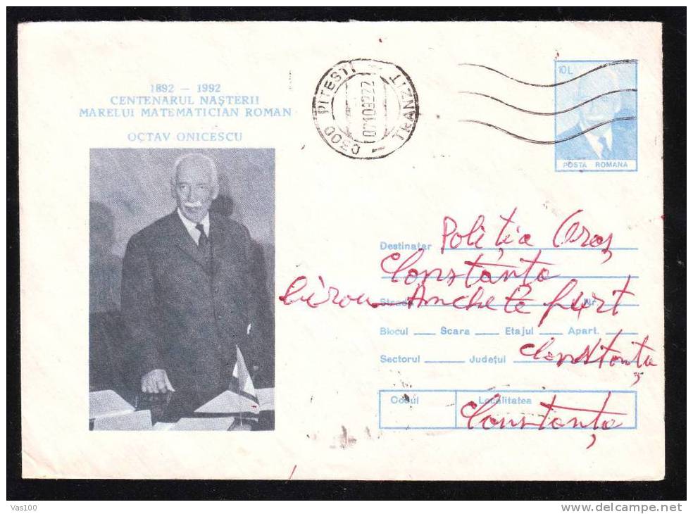 OCTAVIAN ONICESCU, MATHEMATICIAN PHYSICIEN,STATIONERY COVER 1992  ROMANIA. - Fisica