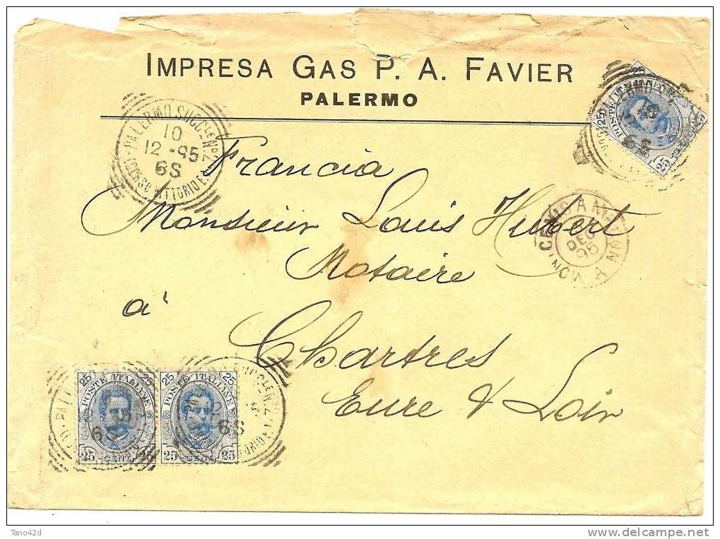 REF LCE2 - ITALIE - UMBERTO I 25c X3 SUR LETTRE PALERMO / CHARTRES DECEMBRE 1895 PAR AMBULANT - Marcophilia