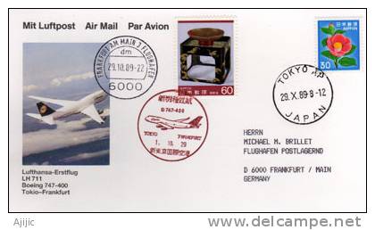 Premier Vol Boeing 747-400 Lufthansa : Tokyo - Frankfurt   En 1989 - Lettres & Documents